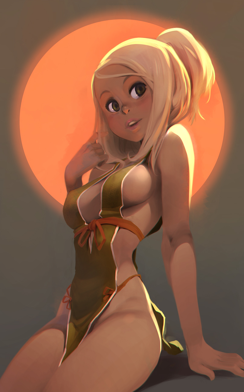 1girl backlighting bare_arms bare_shoulders blonde_hair breasts cleavage_cutout cowboy_shot dark_skin green_eyes hand_in_hair hand_up highres lips long_hair looking_at_viewer medium_breasts orange_ribbon original parted_lips ponytail ribbon round_teeth sideboob sitting smile solo sun tabard tareme teeth thighs xavier_houssin