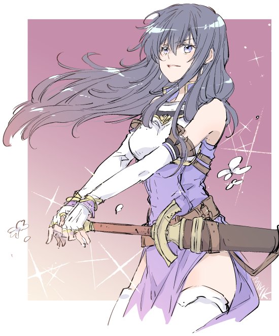 1boy 1girl aira_(fire_emblem) armor belt black_hair breastplate breasts dress earrings elbow_gloves fire_emblem fire_emblem:_seisen_no_keifu fire_emblem_heroes gloves jewelry kizuki_miki long_hair solo sword thigh-highs violet_eyes weapon