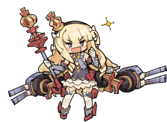 1girl :d azur_lane bangs black_dress blonde_hair blue_eyes blunt_bangs boots chibi clenched_hand crown detached_collar detached_sleeves dress drill_hair eyebrows_visible_through_hair gloves hairband holding itukitasuku long_hair machinery mini_crown open_mouth queen_elizabeth_(azur_lane) scepter simple_background smile solo sparkle standing thigh-highs v-shaped_eyebrows very_long_hair white_background white_gloves white_legwear zettai_ryouiki