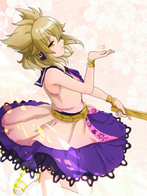 1girl blonde_hair closed_mouth commentary_request earmuffs eyebrows_visible_through_hair floral_background from_side holding kusoyarou profile purple_skirt ritual_baton shoes short_hair skirt sleeveless solo standing standing_on_one_leg touhou toyosatomimi_no_miko yellow_eyes