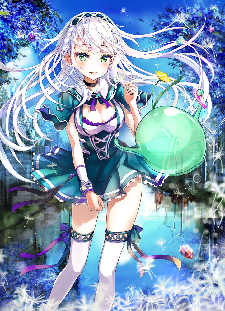 1girl aqua_dress bangs blue blue_sky blurry blush braid breasts cleavage crown_braid dandelion day depth_of_field dress floating_hair flower gem hairband hand_up keepout long_hair looking_at_viewer medium_breasts original outdoors parted_lips see-through sidelocks sky slime smile snow solo thigh-highs thighs tree tsurime white_legwear