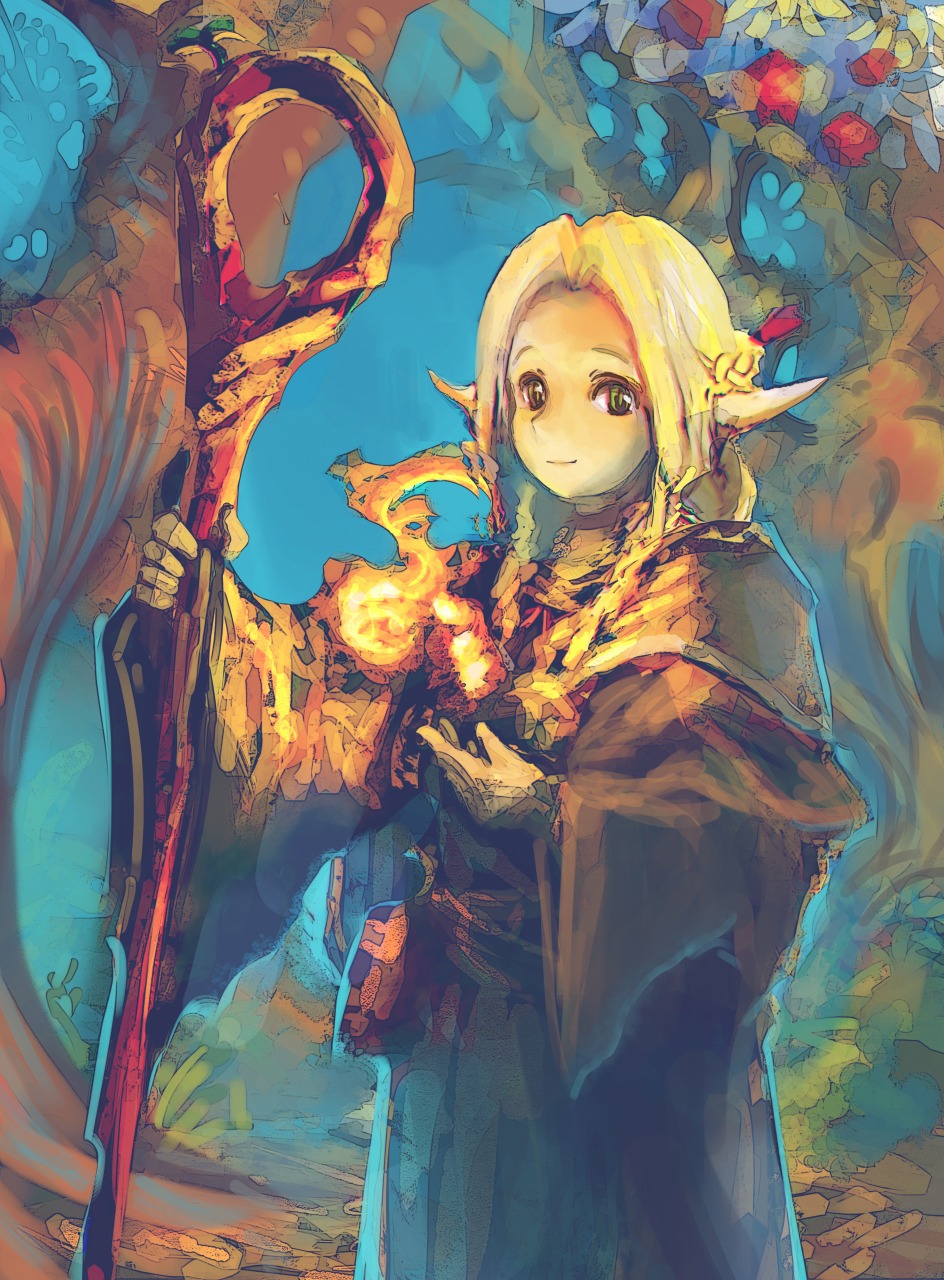 1girl artist_request blonde_hair braid capelet choker dungeon_meshi elf fire forest french_braid green_eyes highres long_hair mage marcille nature pointy_ears robe smile solo staff standing