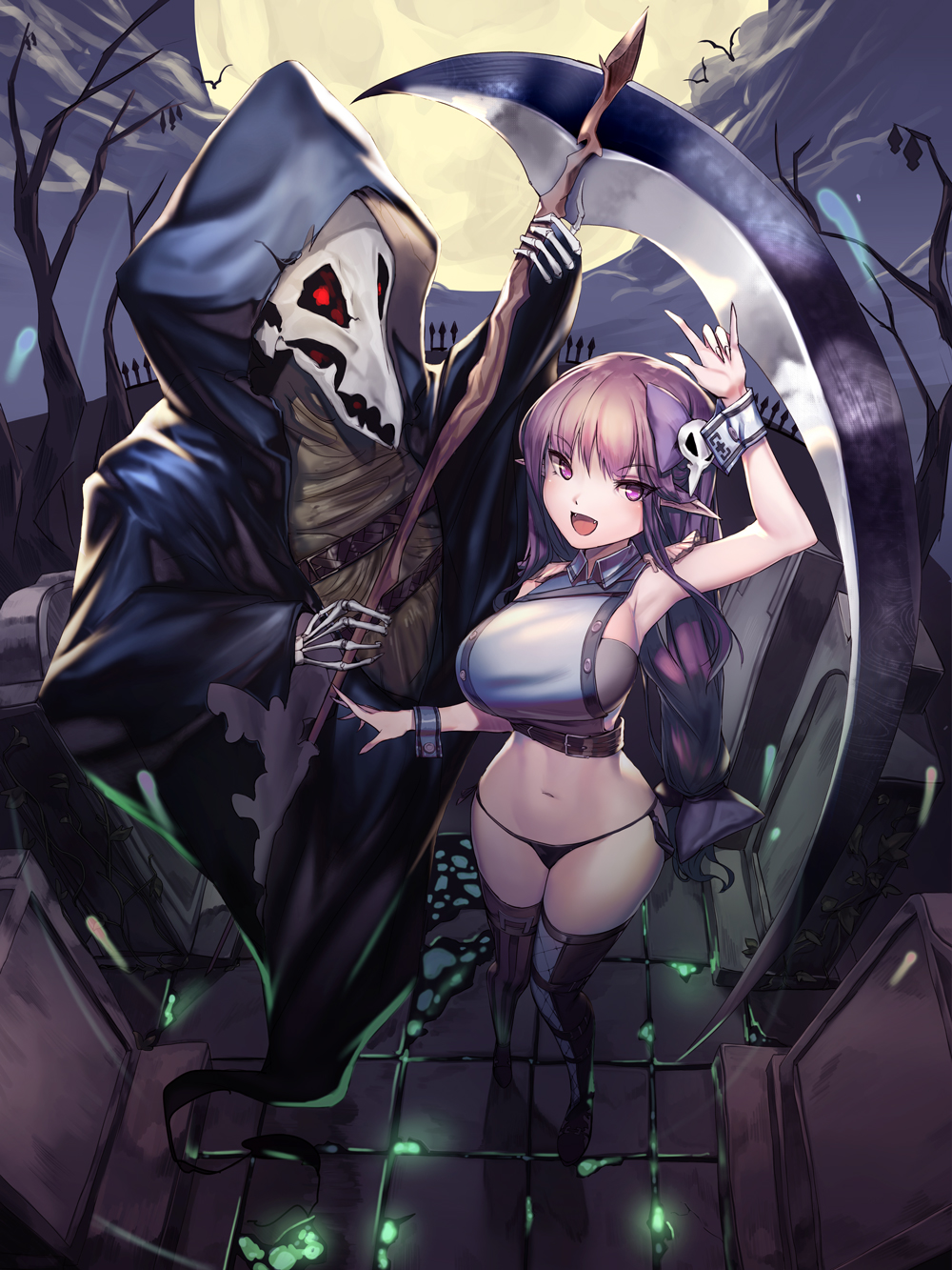 1girl :d arm_up bangs black_legwear bow breasts btraphen cloak crop_top death_(entity) eyebrows_visible_through_hair from_above full_moon graveyard grim_reaper hair_bow hand_up highres holding hood_up large_breasts long_hair looking_at_viewer moon navel night open_mouth original outdoors pointy_ears purple_bow scythe skeleton skull skull_mask smile thigh-highs thighs tombstone tsurime wrist_cuffs