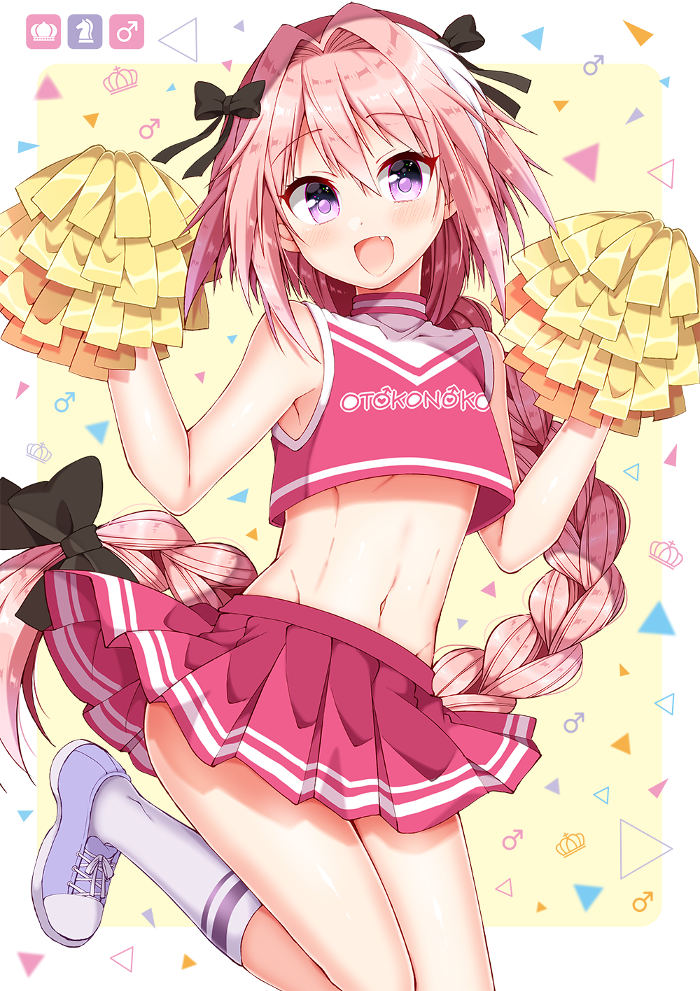 1boy alternate_costume bangs black_bow blush bow braid cheerleader clothes_writing crop_top crossdressinging eyebrows_visible_through_hair fate/apocrypha fate_(series) groin hair_between_eyes hair_bow hair_intakes hands_up highres holding kneehighs leg_up long_hair looking_at_viewer male_focus mars_symbol multicolored_hair navel open_mouth pink_hair pink_skirt pleated_skirt pom_poms purple_footwear rider_of_black shoes single_braid skirt sleeveless sneakers standing standing_on_one_leg stomach streaked_hair sweat tareme trap triangle tsukudani_norio very_long_hair violet_eyes w_arms white_hair white_legwear yellow_background
