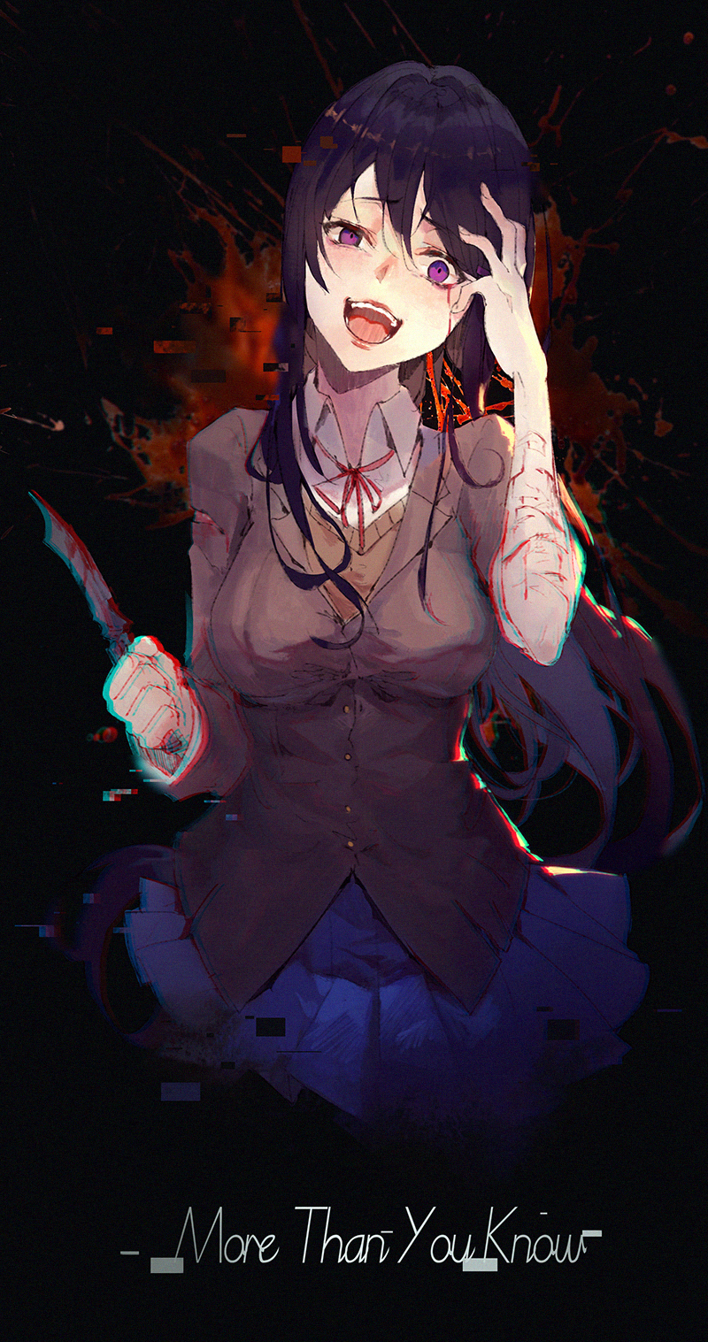 1girl bangs blue_skirt chromatic_aberration collared_shirt commentary digital_dissolve doki_doki_literature_club english evil_smile eyebrows_visible_through_hair hair_between_eyes hand_on_own_face hand_up highres holding holding_knife holding_weapon knife kuroduki_(pieat) long_hair long_sleeves looking_at_viewer open_mouth pleated_skirt purple_hair school_uniform shirt skirt smile solo spoilers upper_body vest violet_eyes weapon white_shirt wide-eyed wing_collar yuri_(doki_doki_literature_club)