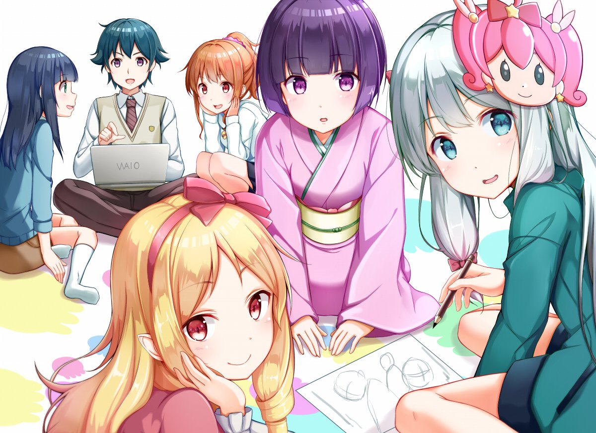 1boy 5girls :d bangs blonde_hair blue_eyes blue_sweater blunt_bangs blush bow brown_skirt character_request closed_mouth collared_shirt computer drawing dress eromanga_sensei eyebrows_visible_through_hair hair_bow hairband hand_on_own_cheek hood hoodie indian_style japanese_clothes kimono laptop long_sleeves looking_at_another looking_at_viewer multiple_girls na53 necktie obi open_mouth parted_lips pencil pink_bow pink_dress pink_kimono pointy_ears purple_hair red_eyes red_neckwear sash shirt short_hair silver_hair sitting skirt smile squatting sweater vest violet_eyes white_shirt yokozuwari