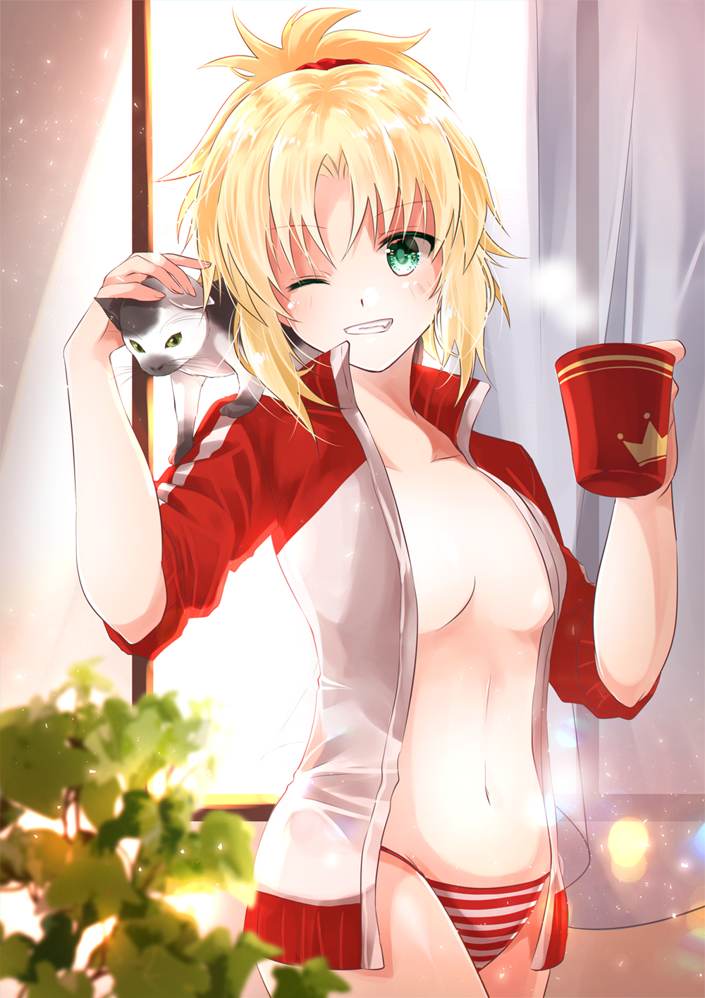 1girl blonde_hair blush breasts cat collarbone commentary_request cup fate/apocrypha fate_(series) green_eyes highres holding holding_cup iroha_(shiki) jacket long_sleeves looking_at_viewer medium_breasts navel one_eye_closed open_clothes open_jacket panties saber_of_red smile striped striped_panties track_jacket underwear