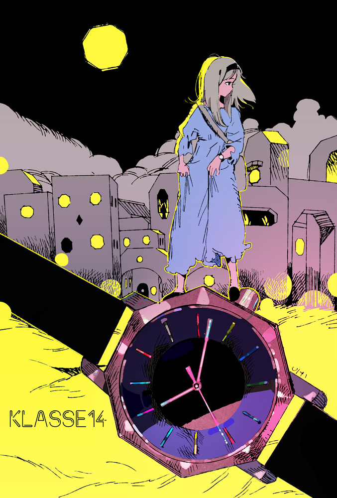 1girl bag blue_dress dress full_moon hairband long_dress long_hair looking_to_the_side moon night night_sky original profile shoulder_bag signature silver_hair skirt_hold sky solo standing ukumo_uichi watch watch