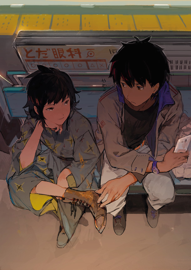 1boy 1girl bangs black_eyes black_hair black_shirt boots brown_footwear chin_rest closed_mouth eye_contact frown hair_between_eyes jacket japanese_clothes kimono long_sleeves looking_at_another original pants shirt shoes short_hair sitting smile ukumo_uichi white_pants