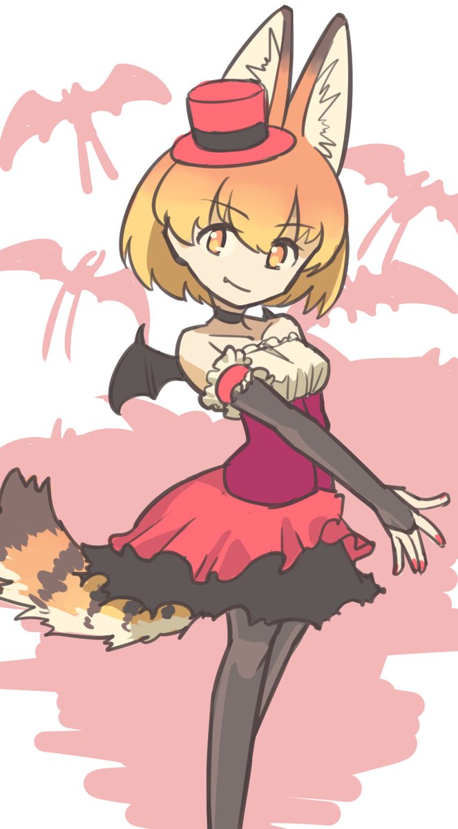 1girl 524_(kemono_ethread) alternate_costume animal_ears bare_shoulders bat bat_wings black_choker black_gloves black_legwear black_neckwear black_skirt blonde_hair choker elbow_gloves eyebrows_visible_through_hair fang fingerless_gloves frilled_gloves frills gloves hat highres kemono_friends layered_skirt light_smile looking_at_viewer mini_hat nail_polish outstretched_arm pantyhose red_nails red_skirt serval_(kemono_friends) serval_ears serval_tail short_hair skirt solo tail top_hat wings yellow_eyes