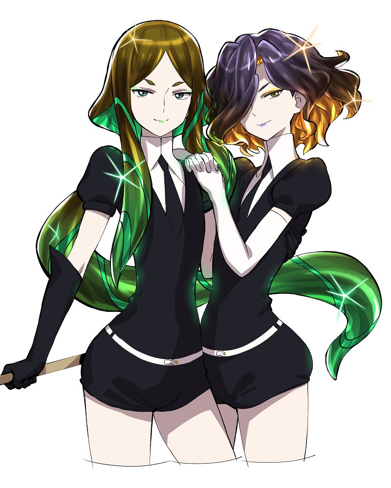 2girls black_gloves black_hair black_shirt black_shorts brown_hair collared_shirt commentary_request cowboy_shot eyeshadow gloves green_eyes green_hair hair_over_one_eye houseki_no_kuni leiur_darahim lipstick long_hair makeup multicolored_hair multiple_girls murakami_hisashi necktie orange_eyes orange_hair phara_suyuf senki_zesshou_symphogear shirt short_hair short_sleeves shorts simple_background smile sparkle standing two-tone_hair uniform white_background yellow_eyes