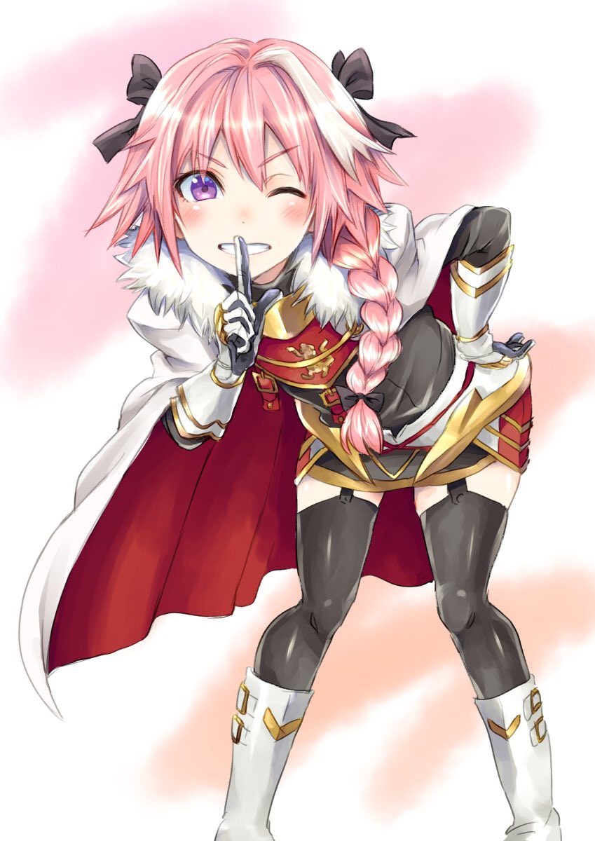 1boy armor bent_over black_legwear black_ribbon blush boots braid cape eyebrows_visible_through_hair fate/grand_order fate_(series) finger_to_mouth fur_trim garter_straps gauntlets hair_between_eyes hair_over_shoulder hair_ribbon hand_on_hip highres index_finger_raised long_hair looking_at_viewer male_focus one_eye_closed ouhashi_(yumenosukima) pigeon-toed pink_hair ribbon rider_of_black shushing single_braid smile solo thigh-highs tress_ribbon v-shaped_eyebrows violet_eyes white_cape white_footwear