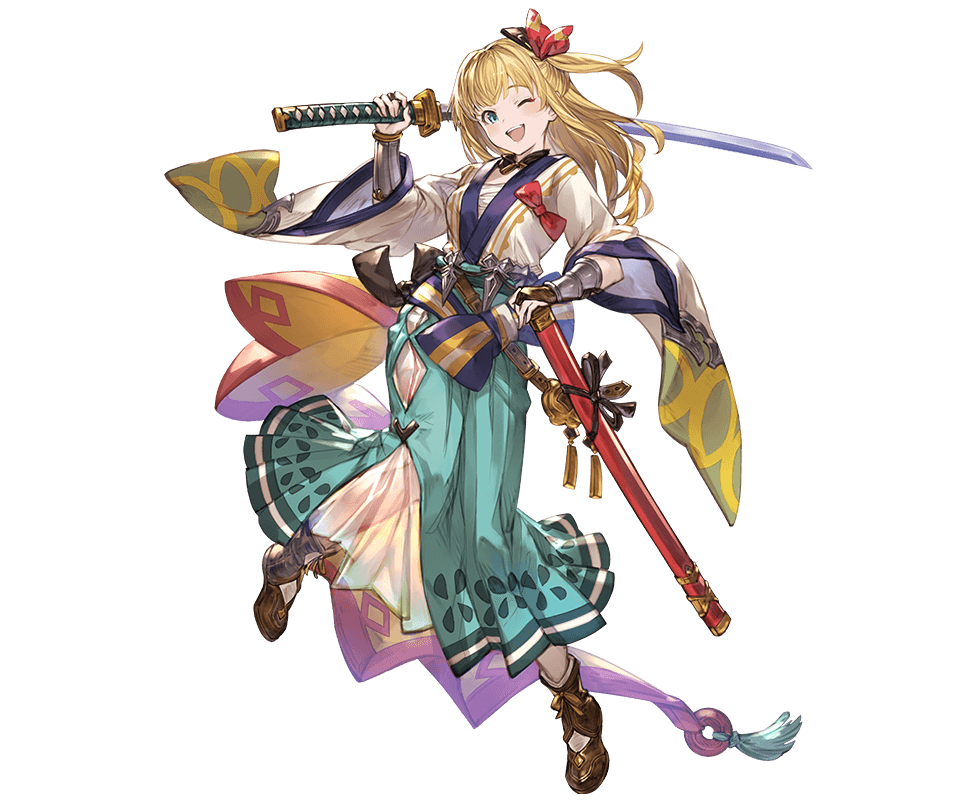 1girl aqua_eyes arm_guards bangs blonde_hair bridal_gauntlets character_request granblue_fantasy hair_ornament holding holding_sword holding_weapon japanese_clothes katana minaba_hideo official_art one_eye_closed open_mouth sheath solo sword transparent_background weapon wide_sleeves