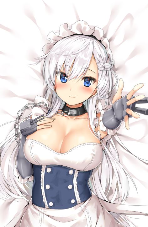 1girl azur_lane bed_sheet belfast_(azur_lane) black_gloves blue_eyes blush body_mahattaya_ginga braid breasts chains cleavage closed_mouth collar collarbone corset dress elbow_gloves eyebrows_visible_through_hair fingerless_gloves french_braid from_above gloves hand_on_own_chest large_breasts long_hair looking_at_viewer lying maid_headdress on_back on_bed outstretched_arm reaching_out shiny shiny_hair silver_hair sleeveless sleeveless_dress smile solo tareme turret upper_body very_long_hair white_dress