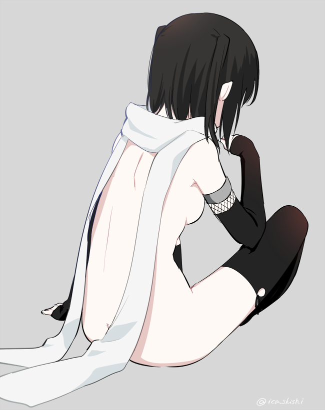 1girl arm_at_side back black_gloves black_hair black_legwear breasts butt_crack elbow_gloves facing_away from_behind full_body gloves grey_background hand_up ica kantai_collection medium_breasts naked_scarf nude scarf sendai_(kantai_collection) short_hair sideboob simple_background sitting sketch solo thigh-highs twitter_username two_side_up white_scarf