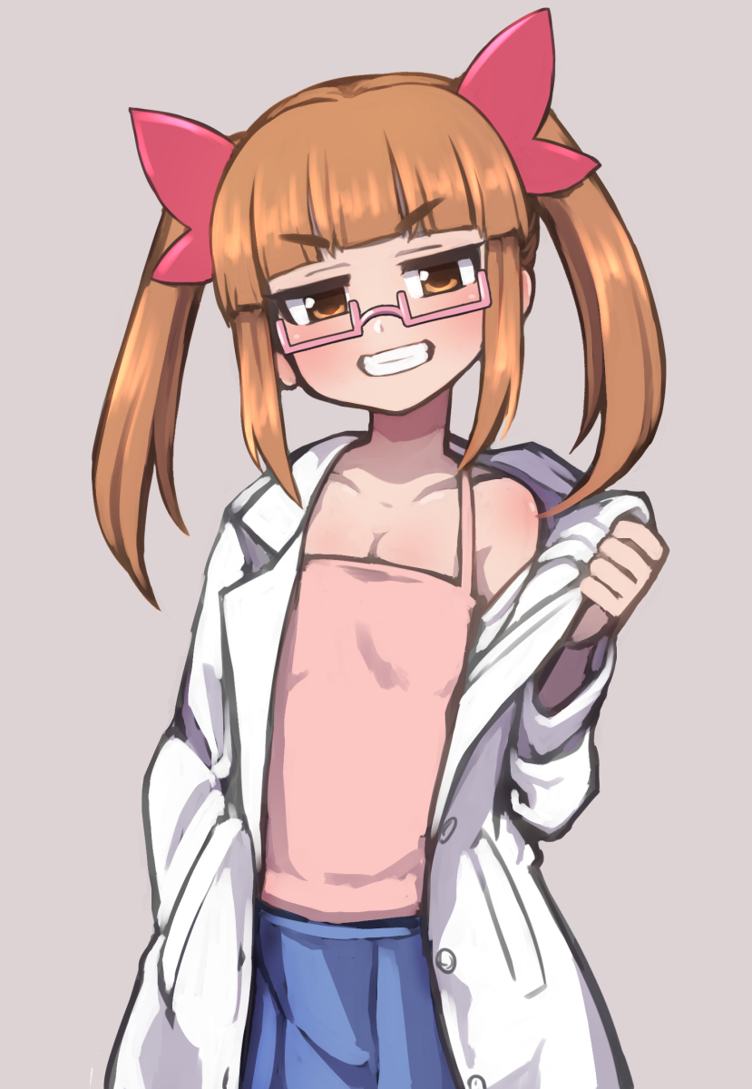 1girl bangs beige_background blue_skirt blunt_bangs blush body_blush bow breasts cleavage collarbone eyebrows_visible_through_hair gazacy_(dai) glasses grin hair_bow hand_in_pocket head_tilt highres idolmaster idolmaster_cinderella_girls ikebukuro_akiha jitome labcoat long_hair looking_at_viewer orange_eyes orange_hair oversized_clothes pink-framed_eyewear pink_bow pink_tank_top pleated_skirt pocket rectangular_eyewear removing_coat short_eyebrows sidelocks simple_background sketch skirt small_breasts smile solo spaghetti_strap tank_top teeth twintails undressing upper_body white_coat