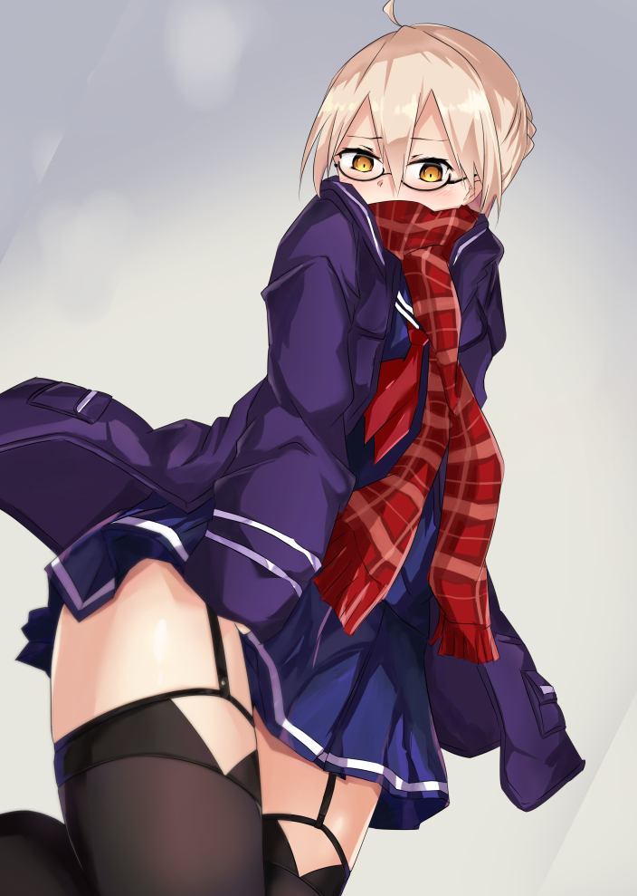 1girl ahoge artoria_pendragon_(all) black-framed_eyewear black_legwear blonde_hair blush braid fate/grand_order fate_(series) french_braid from_below garter_straps hair_between_eyes looking_at_viewer mysterious_heroine_x_(alter) plaid plaid_scarf scarf school_uniform semi-rimless_eyewear serafuku short_hair solo spring_oct thigh-highs under-rim_eyewear yellow_eyes