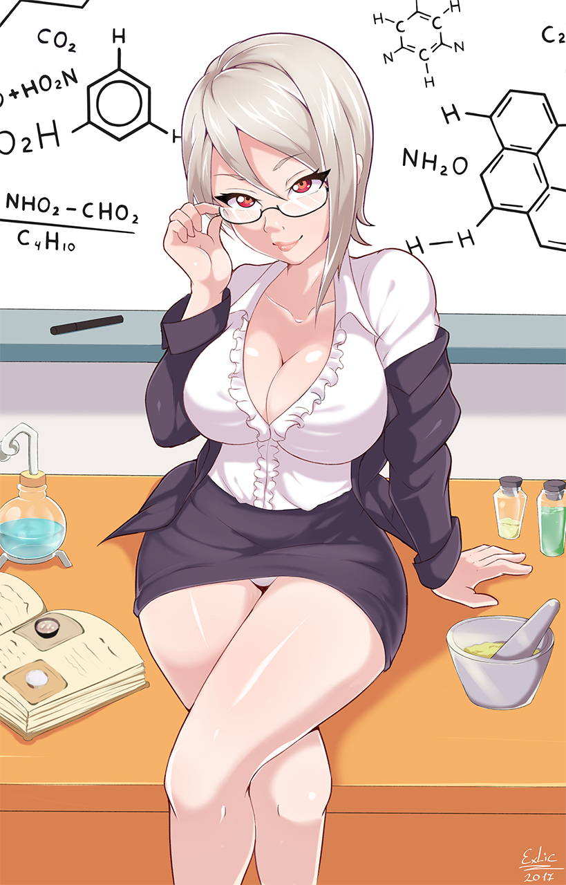 1girl adjusting_eyewear blazer book breasts chalkboard chemistry classroom cleavage collared_shirt exlic flask glasses highres indoors jacket large_breasts legs legs_crossed long_sleeves nakiri_alice off_shoulder panties pantyshot pantyshot_(sitting) pencil_skirt pink_lips red_eyes seductive_smile shiny shiny_skin shirt shokugeki_no_souma short_hair sitting sitting_on_table skirt smile solo table teacher underwear white_hair