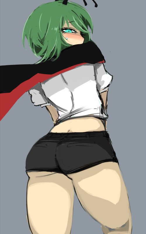 1girl antennae arched_back ass blue_eyes blush cape commentary_request embarrassed from_behind ginji_(sakaki_summer) green_hair grey_background looking_back shirt short_shorts shorts solo sweatdrop touhou white_shirt wriggle_nightbug