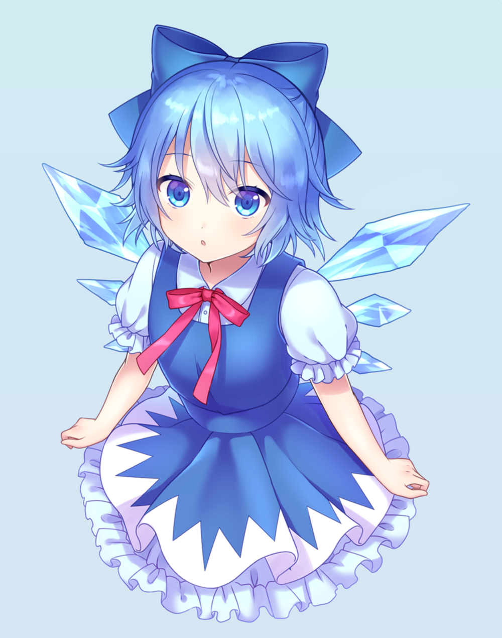 1girl :o bare_arms blue_background blue_bow blue_eyes blue_hair blue_skirt bow cirno hair_between_eyes highres ice ice_wings looking_at_viewer neck_ribbon puffy_short_sleeves puffy_sleeves red_ribbon ribbon short_hair short_sleeves simple_background skirt skirt_set solo touhou wings yamayu