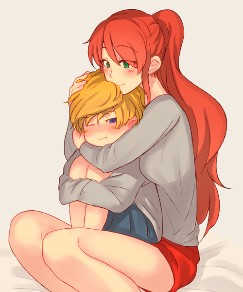 1boy 1girl age_difference blonde_hair blue_eyes blush chuu green_eyes hug hug_from_behind jaune_arc pyrrha_nikos redhead rwby younger