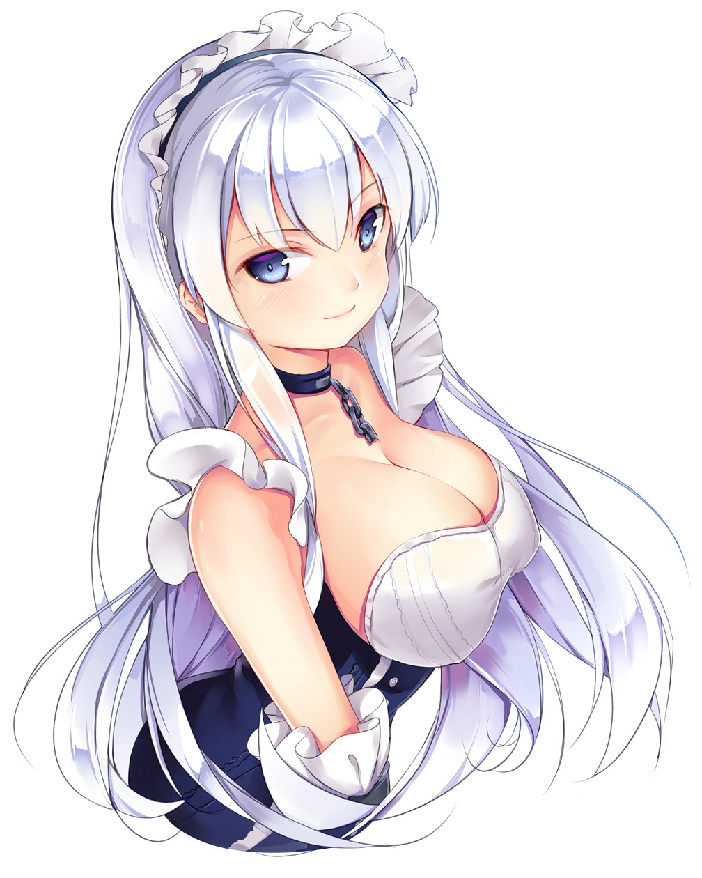 1girl azur_lane bangs belfast_(azur_lane) blue_eyes blush braid breasts chains cleavage closed_mouth collar collarbone commentary_request eyebrows_visible_through_hair french_braid gloves highres jacknavy large_breasts long_hair looking_at_viewer maid maid_headdress silver_hair smile solo upper_body