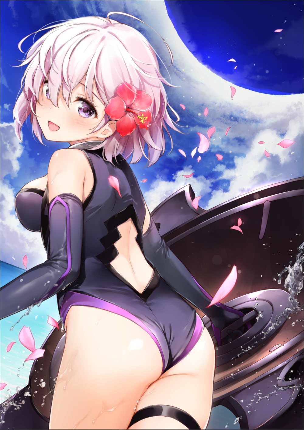 1girl :d ahoge ass back back_cutout bare_shoulders black_gloves black_swimsuit blush breasts clouds cowboy_shot day elbow_gloves fate/grand_order fate_(series) flower from_behind gloves hair_flower hair_ornament hair_over_one_eye hibiscus highres holding leaning_forward medium_breasts open_mouth outdoors pink_hair shield shielder_(fate/grand_order) short_hair smile solo splashing standing swimsuit tareme thigh_strap thighs umakuchi_shouyu_(into-rain) violet_eyes water water_drop