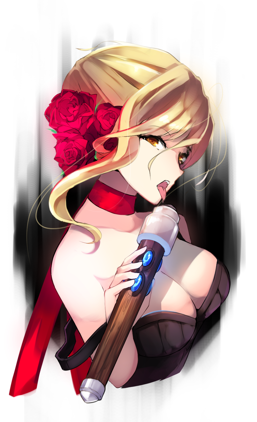 1girl blonde_hair breasts chiroru_(cheese-roll) cleavage evelynn flower hair_between_eyes hair_flower hair_ornament highres league_of_legends looking_at_viewer neckerchief open_mouth rose sexually_suggestive short_hair solo strap_slip tongue tongue_out yellow_eyes