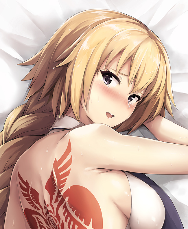 1girl 3: akita_hika arm_up back_tattoo blonde_hair blush bow braid breasts dakimakura fate/apocrypha fate/grand_order fate_(series) from_behind hair_bow halter_top halterneck jeanne_d'arc_(fate) jeanne_d'arc_(fate)_(all) large_breasts long_hair looking_back parted_lips shoulder_blades sideboob simple_background single_braid solo tattoo tears violet_eyes
