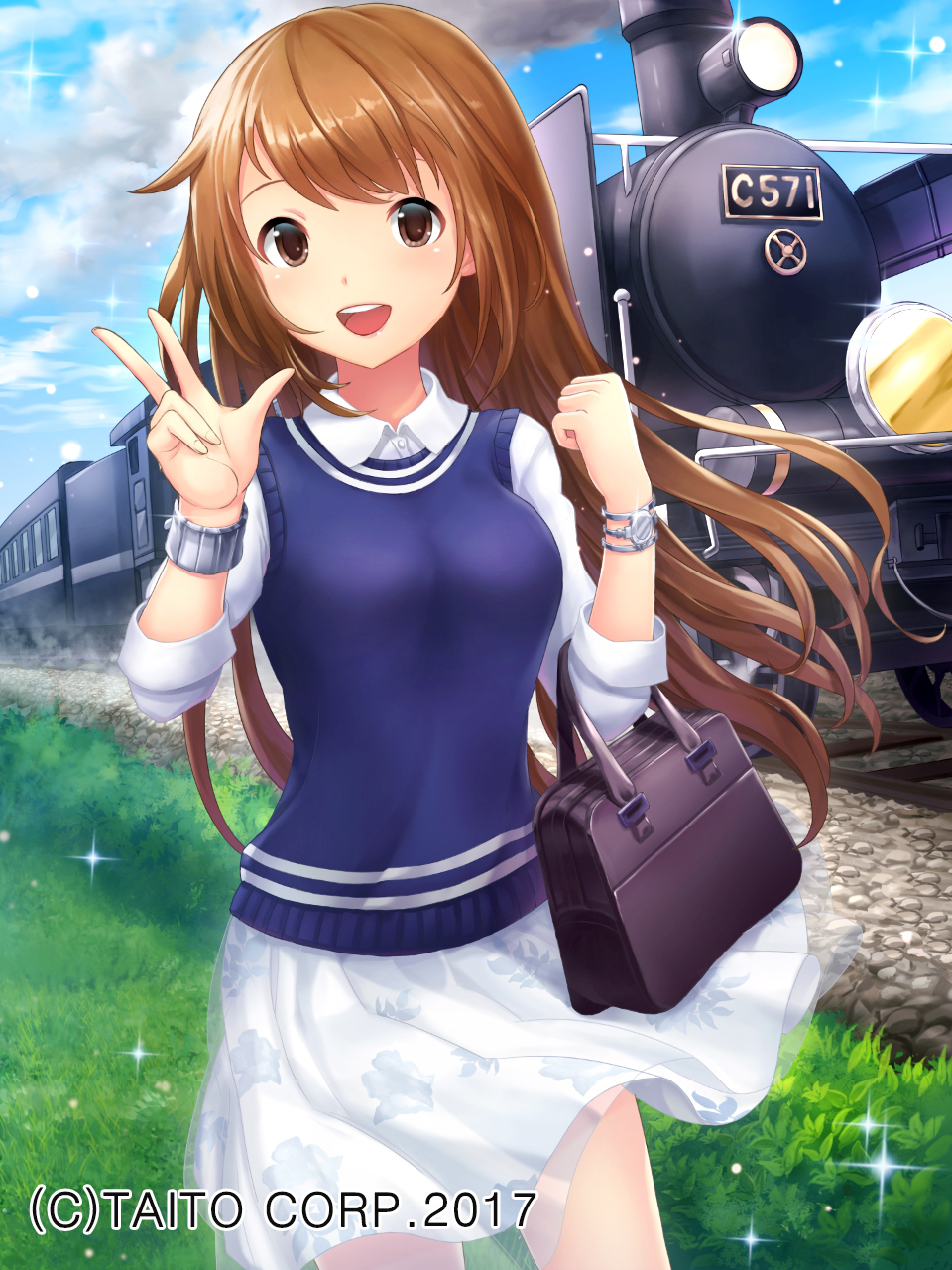 :d bag blue_sky bracelet breasts brown_hair grass ground_vehicle handbag highres ilog jewelry long_hair looking_at_viewer lunacle medium_breasts official_art open_mouth outdoors skirt sky smile smoke standing sweater_vest train v very_long_hair watermark white_skirt