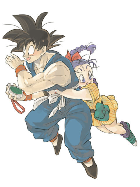 1boy 1girl belt black_eyes black_hair blue_eyes boots braid bulma dougi dragon_ball dragonball_z dress hair_ribbon hug looking_away purple_hair radar ribbon simple_background smile socks son_gokuu spiky_hair white_background wristband yellow_dress