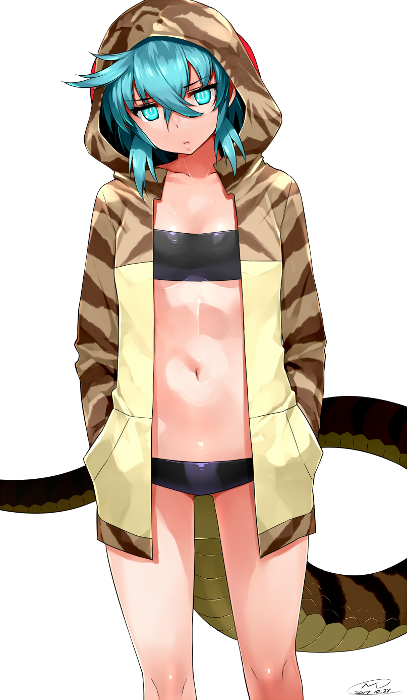 1girl animal_hood bikini black_bikini breasts bright_pupils closed_mouth collarbone cowboy_shot expressionless eyebrows_visible_through_hair hair_between_eyes hands_in_pockets happa_(cloverppd) head_tilt highres hood hood_up hoodie kemono_friends legs_apart lips long_sleeves navel open_clothes open_hoodie parted_lips scales short_hair sidelocks signature simple_background slit_pupils small_breasts solo standing stomach strapless swimsuit tail thighs tsuchinoko_(kemono_friends) tsurime tubetop under_boob white_background