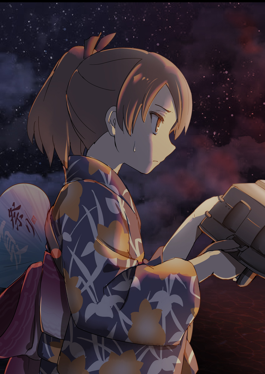 1girl aka_ringo alternate_costume brown_eyes brown_hair commentary_request dark fan from_side hair_ribbon highres japanese_clothes kantai_collection kimono night ponytail ribbon shikinami_(kantai_collection) short_hair solo star_(sky) sweat turret upper_body yukata