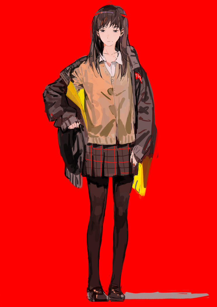 1girl black_footwear black_legwear brown_eyes brown_hair cardigan checkered checkered_skirt closed_mouth collared_shirt full_body long_hair long_sleeves off_shoulder original pantyhose pleated_skirt red_background shirt shoes simple_background skirt solo standing ukumo_uichi white_shirt