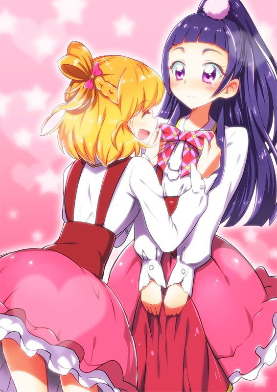 2girls asahina_mirai blonde_hair blouse blush bow braid closed_eyes cowboy_shot half_updo holding izayoi_liko mahou_girls_precure! multiple_girls pink_background pink_skirt plaid plaid_bow ponytail precure purple_hair short_hair skirt smile star starry_background violet_eyes white_blouse yuri yuto_(dialique)