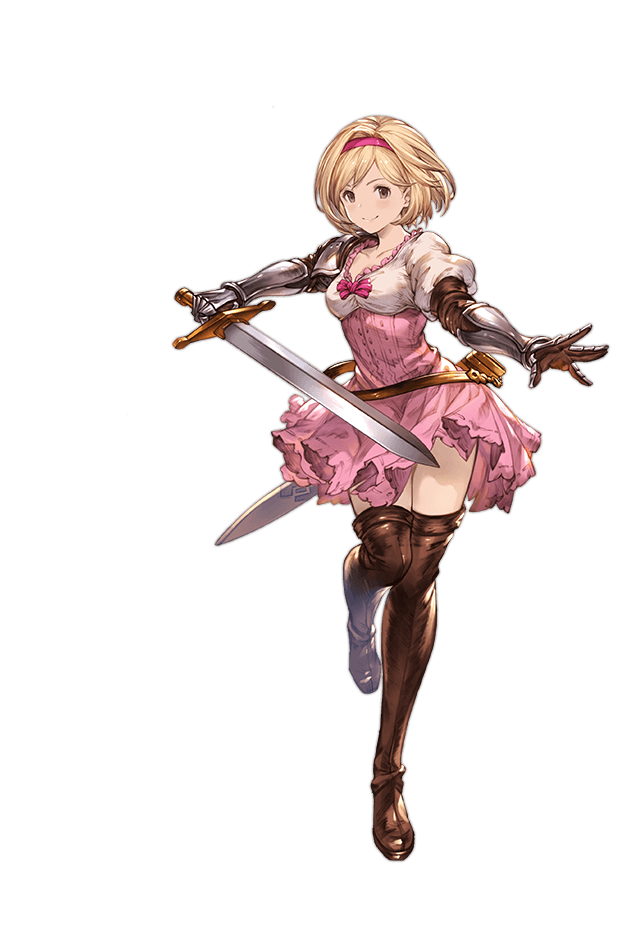 1girl bangs blonde_hair boots breasts brown_eyes collarbone djeeta_(granblue_fantasy) dress full_body gauntlets granblue_fantasy hairband holding holding_sword holding_weapon juliet_sleeves long_sleeves looking_at_viewer medium_breasts minaba_hideo official_art one_leg_raised pink_dress puffy_sleeves sheath short_dress short_hair smile solo standing sword thigh-highs thigh_boots transparent_background weapon zettai_ryouiki