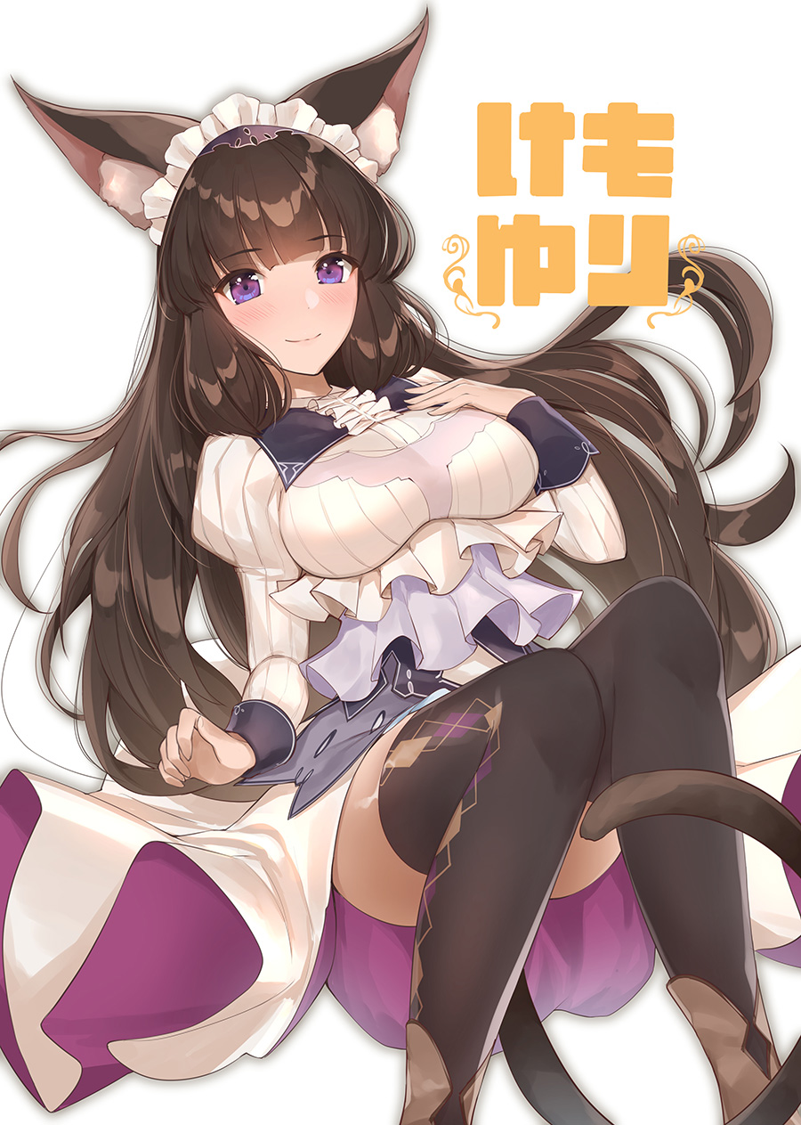 1girl animal_ears bangs blush boots breasts brown_footwear brown_hair cat_ears cat_tail cleavage closed_mouth cover cover_page doujin_cover dress eyebrows_visible_through_hair frills hand_on_own_chest headdress highres juliet_sleeves large_breasts long_hair long_sleeves looking_at_viewer maid_headdress original puffy_sleeves simple_background smile solo tail violet_eyes white_background white_dress yaman