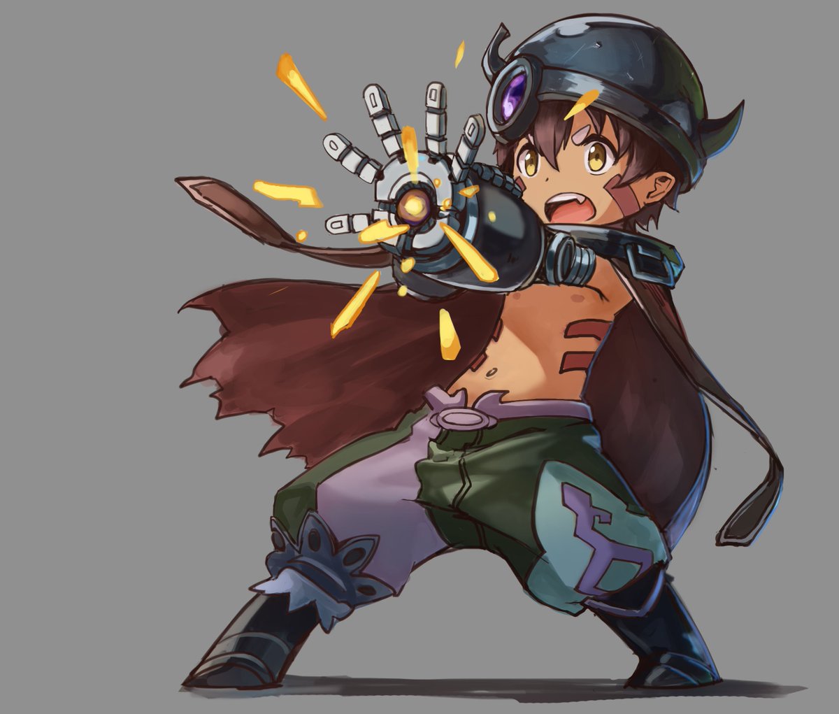 1boy arm_cannon brown_hair cape dark_skin darkers facial_mark fang helmet horned_helmet made_in_abyss mechanical_arms open_mouth regu_(made_in_abyss) shirtless simple_background solo weapon yellow_eyes