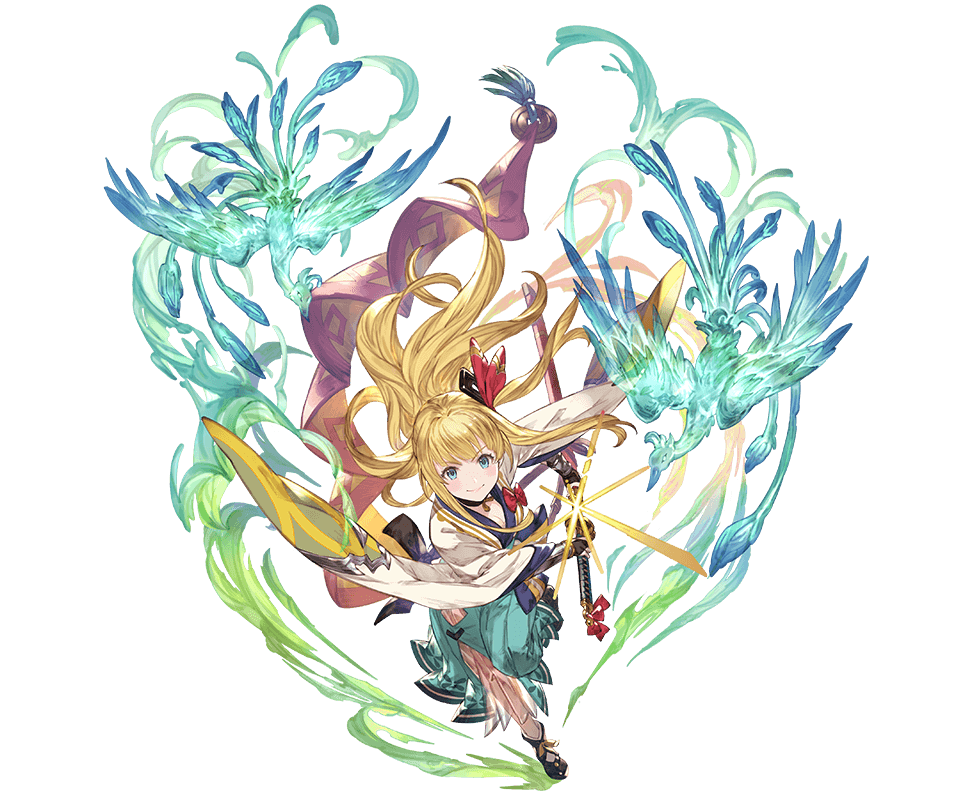 1girl aqua_eyes arm_guards bangs bird blonde_hair bridal_gauntlets character_request granblue_fantasy hair_ornament holding holding_sword holding_weapon japanese_clothes katana minaba_hideo official_art sheath solo sword transparent_background weapon wide_sleeves