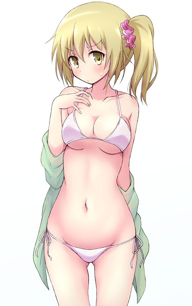 1girl bangs bikini blonde_hair blush breasts cleavage closed_mouth collarbone commentary_request cowboy_shot eyebrows_visible_through_hair gluteal_fold green_jacket groin hair_between_eyes hair_ornament hair_scrunchie highres ichii_yui jacket jacket_over_swimsuit large_breasts long_hair looking_at_viewer mel_(melty_pot) navel off_shoulder pink_scrunchie scrunchie side-tie_bikini side_ponytail simple_background solo standing stomach sweatdrop swimsuit v-shaped_eyebrows white_background white_bikini yellow_eyes yuyushiki