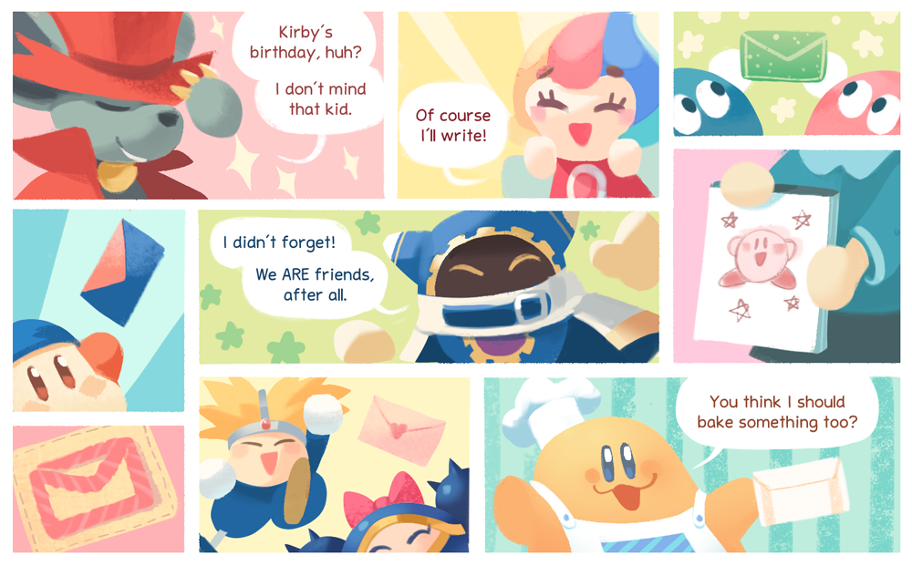 4boys 4girls adeleine apron bandanna blonde_hair brother_and_sister chef_hat chef_kawasaki comic dorocche elline_(kirby) english hat iron_mam kirby_(series) knuckle_joe lalala_(kirby) letter lololo_(kirby) mahoroa multicolored_hair multiple_boys multiple_girls peachifruit siblings sketchpad smock star waddle_dee yarn