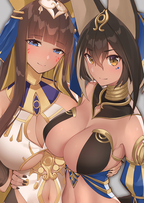 2girls arm_around_waist bangs black_hair blue_eyes blunt_bangs blush breasts brown_hair cleavage closed_mouth dark_skin egyptian egyptian_clothes eyebrows_visible_through_hair hair_between_eyes half-closed_eyes headdress jackal_ears large_breasts light_smile long_hair looking_at_viewer multiple_girls navel navel_cutout original short_hair short_hair_with_long_locks sidelocks smile upper_body yaman yellow_eyes yuri