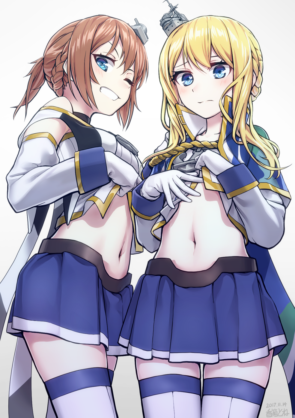 2girls ;d anchor azur_lane bare_shoulders blonde_hair blue_cape blue_skirt blush braid brown_hair cape closed_mouth clothes_lift cowboy_shot detached_sleeves french_braid from_below frown gloves grey_background grey_hat grin hands_on_own_chest hat highres koubakotone lifted_by_self long_sleeves looking_at_viewer looking_down mini_hat multiple_girls navel one_eye_closed open_mouth pleated_skirt ponytail renown_(azur_lane) repulse_(azur_lane) short_hair side_braid simple_background skirt sleeve_cuffs smile standing stomach teeth thigh-highs uniform white_gloves white_legwear zettai_ryouiki