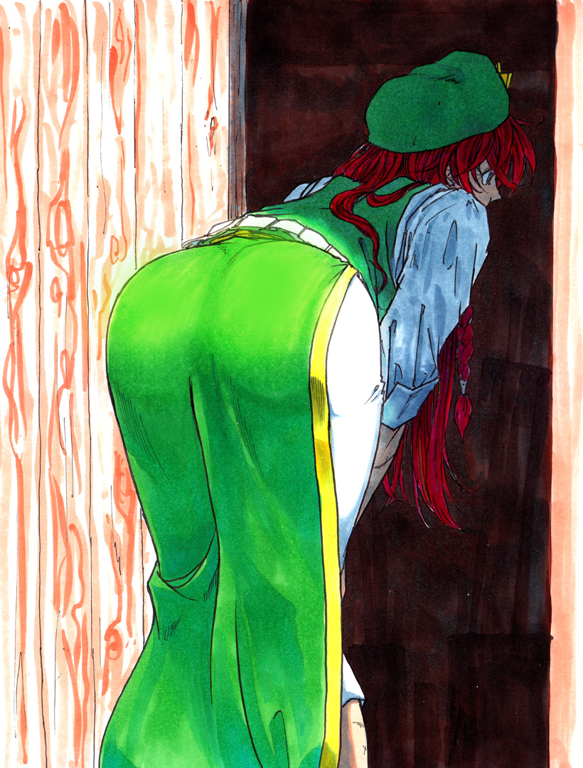 1girl ass chinese_clothes hat hong_meiling koyubi_(littlefinger1988) leaning_forward long_hair redhead solo touhou