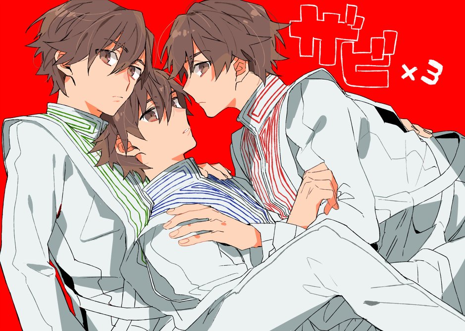 3boys boy_sandwich brown_eyes brown_hair fate/extella fate/extra fate/extra_ccc fate_(series) kishinami_hakuno_(male) multiple_boys multiple_persona parted_lips red_background sandwiched tatsuta_age
