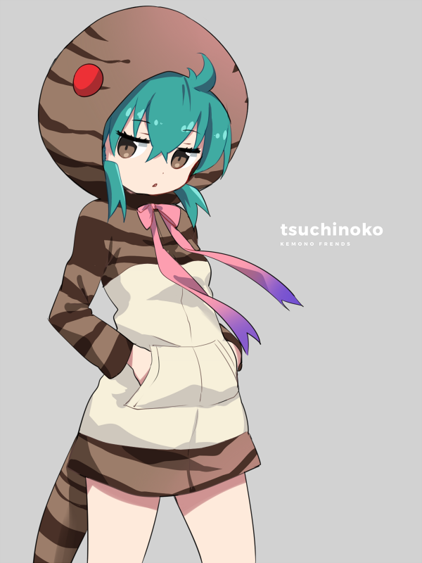 1girl ahoge aqua_hair bangs brown_eyes character_name commentary copyright_name cowboy_shot crossed_bangs dot_nose expressionless eyebrows_visible_through_hair eyelashes gradient_ribbon grey_background hair_between_eyes hands_in_pockets hood hoodie ica jitome kemono_friends long_sleeves multicolored multicolored_ribbon neck_ribbon no_legwear open_mouth pink_ribbon pocket purple_ribbon ribbon romaji sidelocks simple_background snake_tail solo striped striped_clothes striped_hoodie striped_tail tail triangle_mouth tsuchinoko_(kemono_friends)