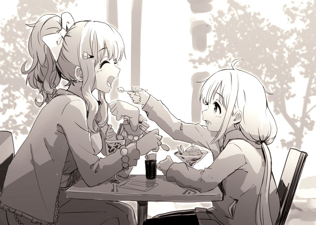 2girls ahoge eating feeding food futaba_anzu greatpengh hair_ornament hairclip hood hoodie ice_cream idolmaster idolmaster_cinderella_girls low_twintails monochrome moroboshi_kirari multiple_girls open_mouth ponytail spoon star star_hair_ornament table twintails