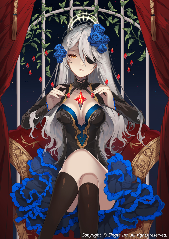 1girl black_legwear blue_flower blue_skirt breasts brown_eyes chair cleavage curtains eyepatch flower grey_hair hair_flower hair_ornament halloween inside kneehighs laurelfalcon legs_crossed long_hair looking_at_viewer official_art sid_story sitting skirt very_long_hair watermark window