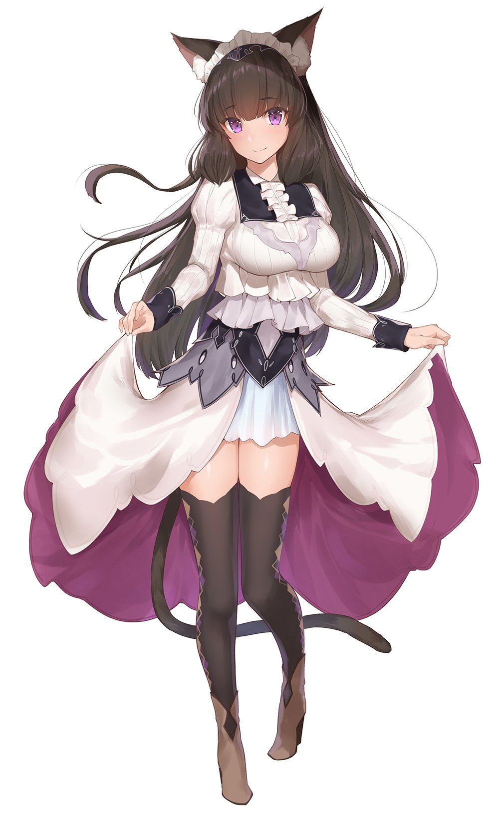1girl animal_ears argyle argyle_legwear bangs black_hair black_legwear blush boots brown_footwear cat_ears cat_tail closed_mouth curtsey dress eyebrows_visible_through_hair full_body high_heel_boots high_heels highres long_hair long_sleeves looking_at_viewer original simple_background smile solo tail thigh-highs thighs violet_eyes white_background white_dress yaman