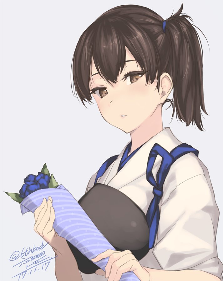 1girl artist_name blue_flower brown_eyes brown_hair dated grey_background hair_between_eyes japanese_clothes kaga_(kantai_collection) kantai_collection long_hair muneate open_mouth rokuwata_tomoe side_ponytail simple_background solo tasuki twitter_username